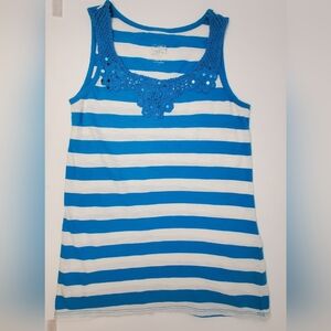 Justice- Blue and White Striped Lace Tank Top- Girls- Size 14